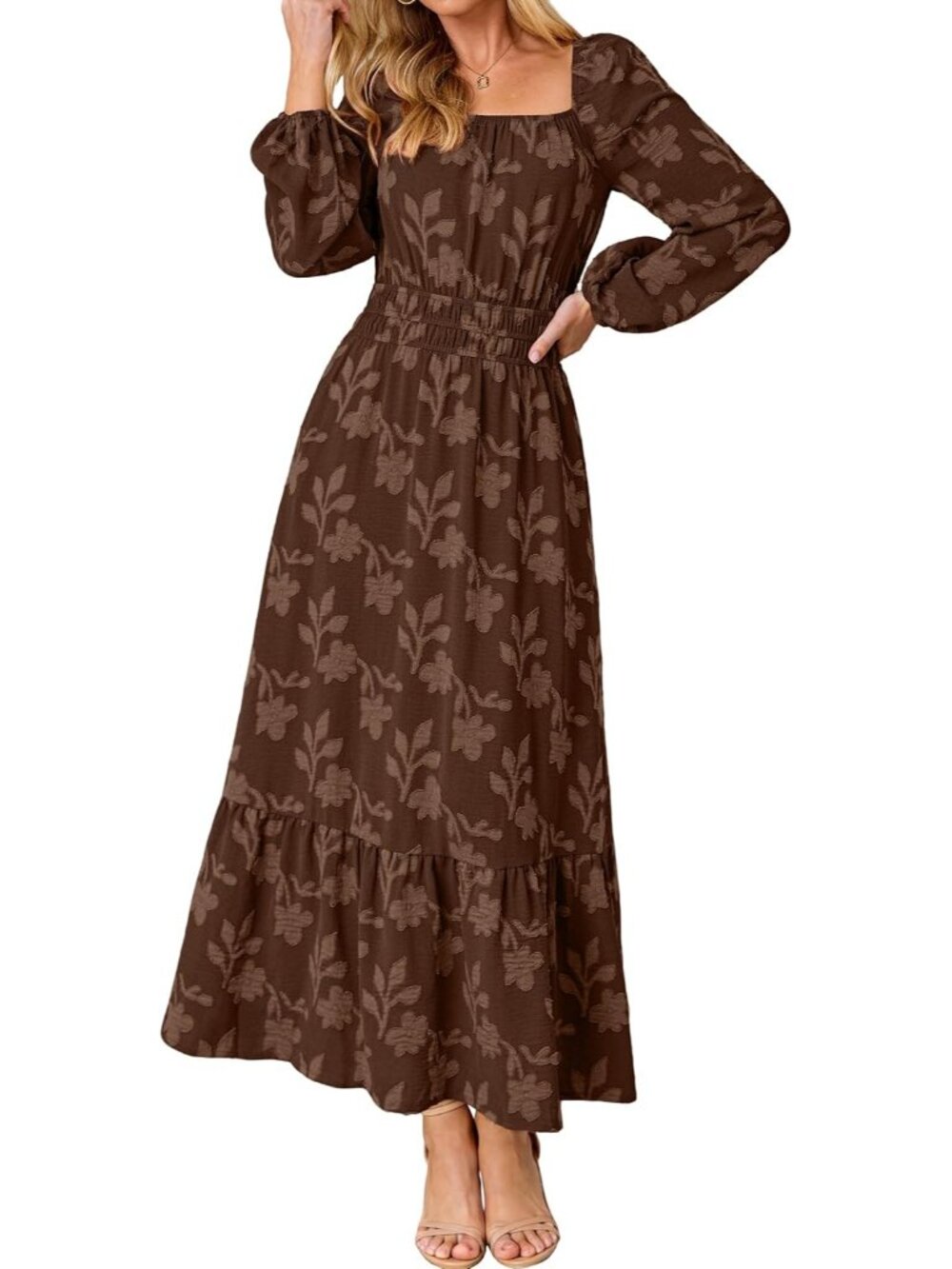 🆕 Women's Caramel Long Sleeve Square Neck High Waist Boho Casual Maxi Dress